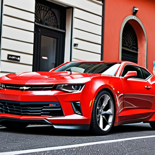 **

A sleek, bright red Chevrolet Camaro parked on a street in Milan, Italy. A passerby is admiring the car, commenting on its feline-like, ready-to-pounce appearance. Focus on the car's aggressive lines and alloy wheels.

**