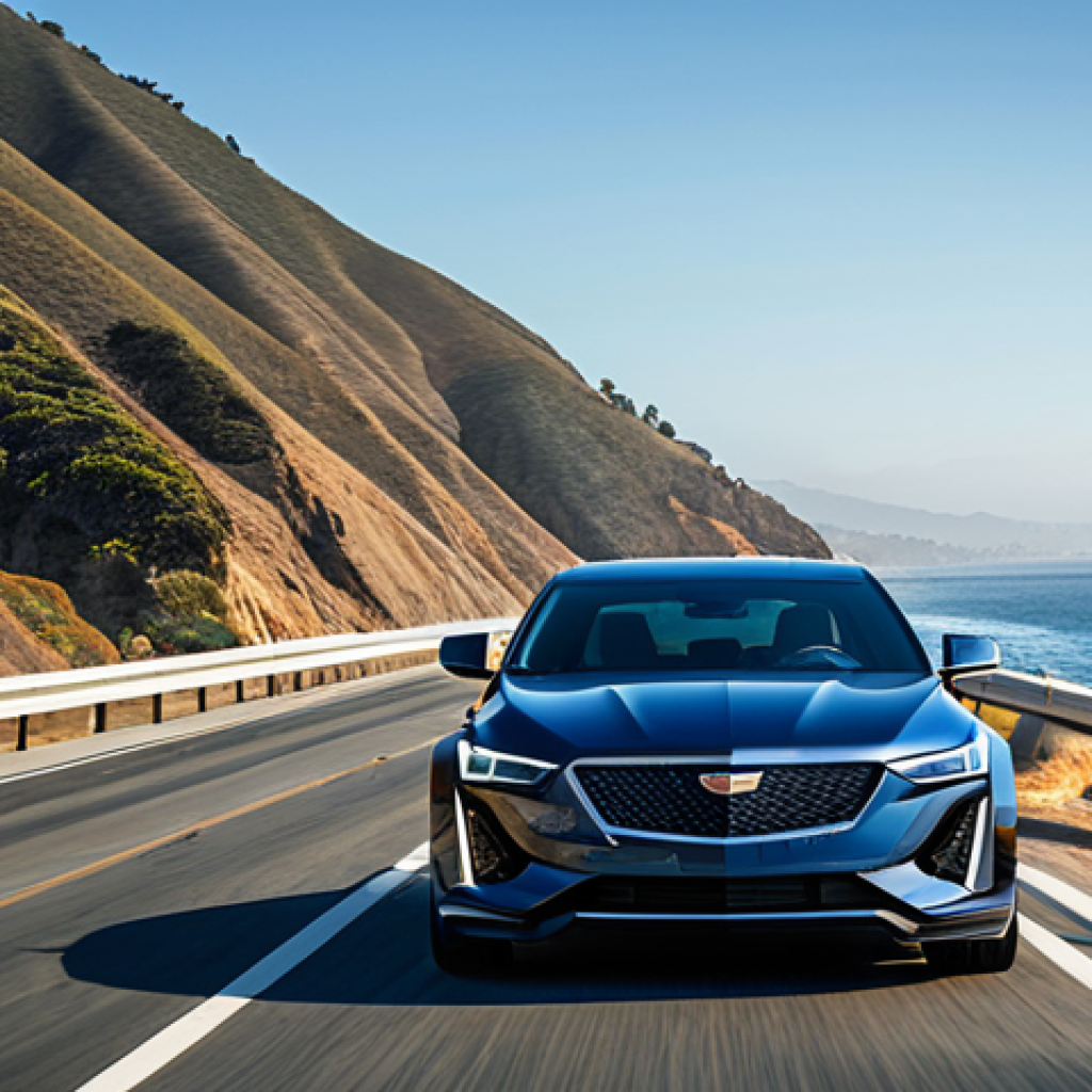 Cadillac CT5 - American Elegance**

"Cadillac CT5 on a scenic coastal highway in California, fully clothed driver, appropriate attire, modern design, sleek lines, safe for work, perfect anatomy, natural proportions, professional automotive photography, high quality, family-friendly, daytime setting."

**