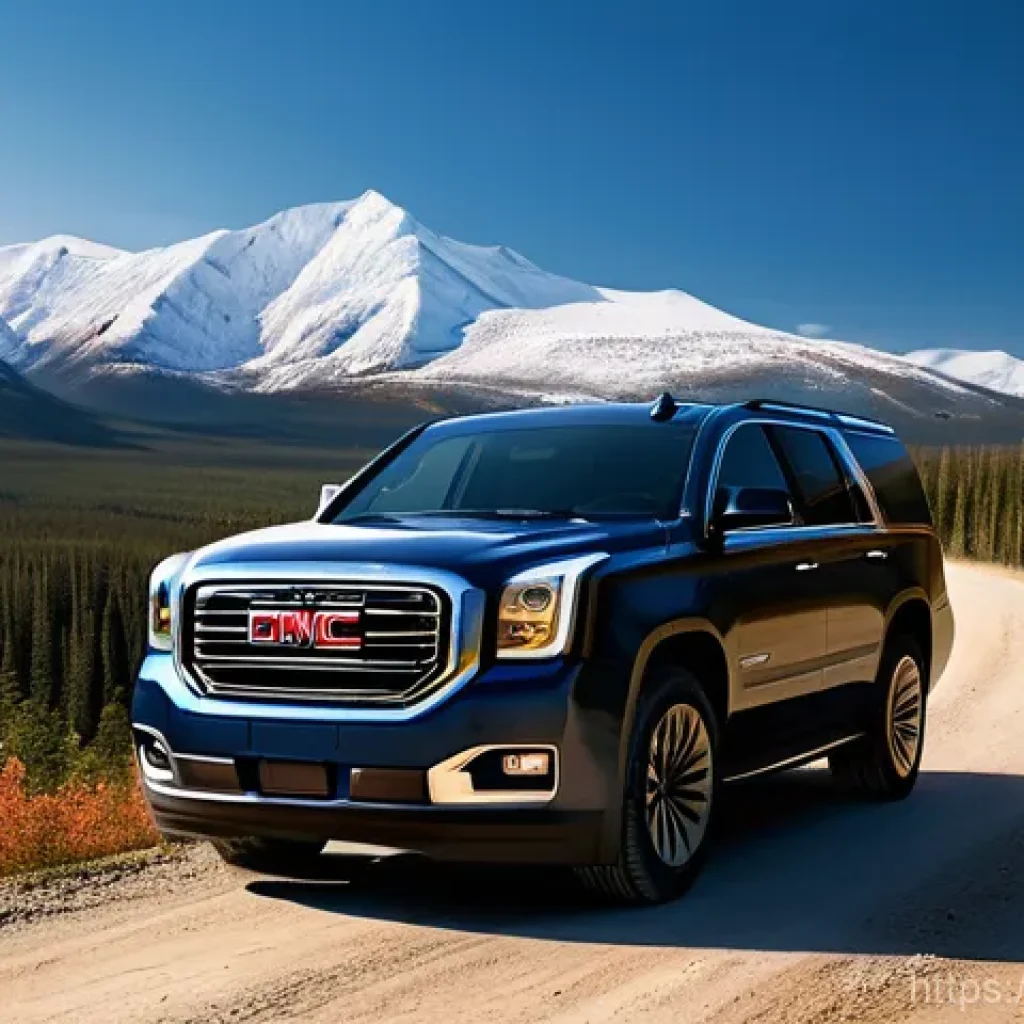 지엠 GMC 유콘 디젤과 가솔린 모델 차이 - **Prompt 1: Majestic Mountain Expedition**
    A rugged and powerful GMC Yukon AT4 is parked on a wi...