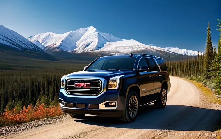 지엠 GMC 유콘 디젤과 가솔린 모델 차이 - **Prompt 1: Majestic Mountain Expedition**
A rugged and powerful GMC Yukon AT4 is parked on a wi...
