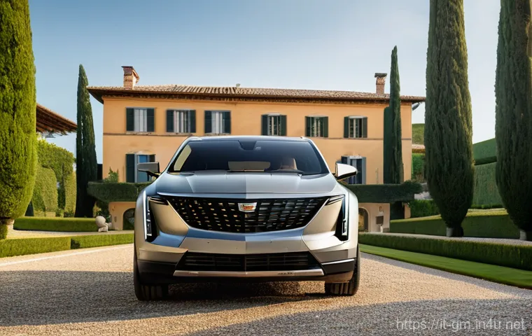 지엠 캐딜락 LYRIQ의 유지비 분석 - **Prompt:** A sleek, modern Cadillac LYRIQ electric SUV is gracefully parked in the driveway of a ch...