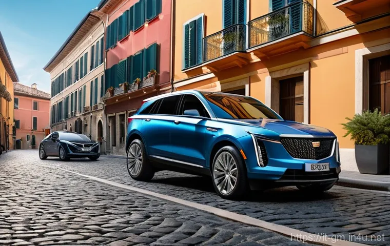 지엠 캐딜락 LYRIQ의 유지비 분석 - **Prompt:** A sleek, modern Cadillac LYRIQ electric SUV is gracefully parked in the driveway of a ch...