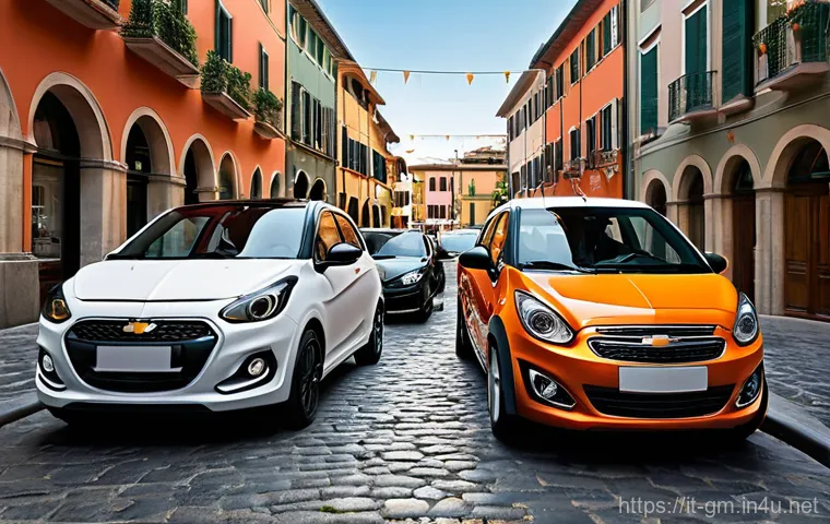 지엠 쉐보레 스파크와 현대 캐스퍼 비교 - **Prompt:** A dynamic, eye-level shot capturing the urban agility of two distinct city cars in a cha...