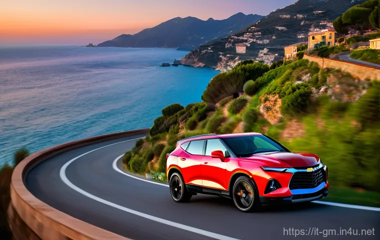 지엠 쉐보레 블레이저와 쉐보레 이쿼녹스 비교 - **Prompt: Dynamic Blazer on the Italian Coast**
"A dynamic, high-angle shot of a recent model Ch...