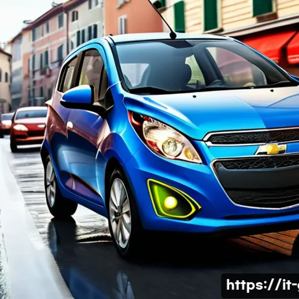 지엠 쉐보레 스파크의 연비 테스트 - A compact Chevrolet Spark navigating through heavy urban traffic in an Italian city during rush hour...