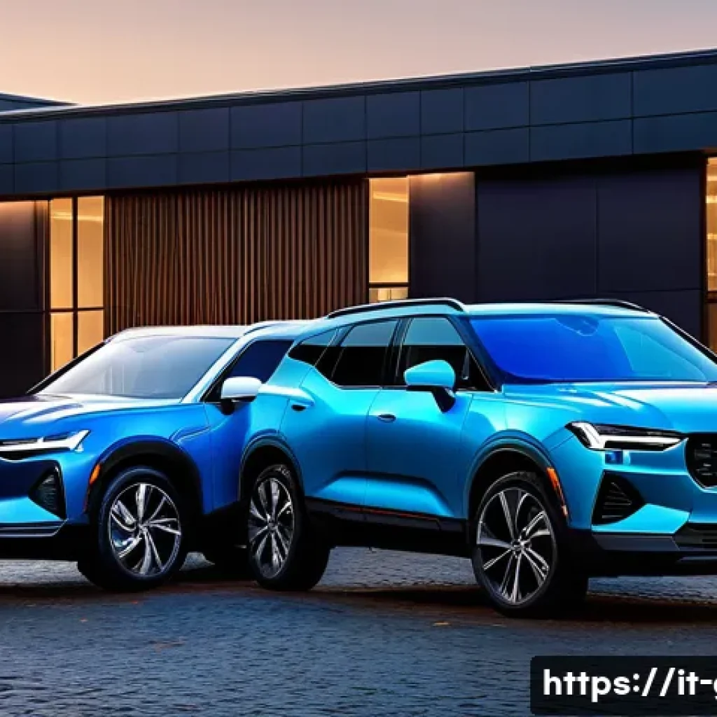 지엠 쉐보레 블레이저 EV와 볼보 XC60 비교 - A striking side-by-side image of two SUVs parked on a sleek urban street at dusk: the Chevrolet Blaz...