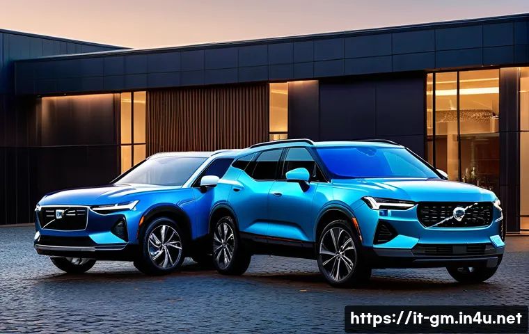 지엠 쉐보레 블레이저 EV와 볼보 XC60 비교 - A striking side-by-side image of two SUVs parked on a sleek urban street at dusk: the Chevrolet Blaz...