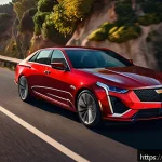 Home 22 지엠 캐딜락 CT5의 고급 세단 시장 반응 - A sleek Cadillac CT5 parked on a scenic Italian coastal road during golden hour, showcasing its aggr...