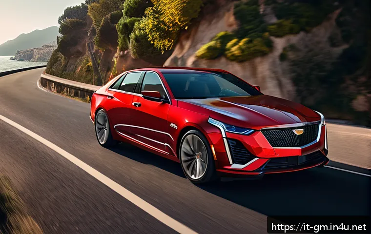 지엠 캐딜락 CT5의 고급 세단 시장 반응 - A sleek Cadillac CT5 parked on a scenic Italian coastal road during golden hour, showcasing its aggr...