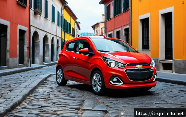 지엠 쉐보레 스파크와 쉐보레 아베오 비교 - A compact urban Chevrolet Spark parked on a narrow cobblestone street in an Italian historic city ce...