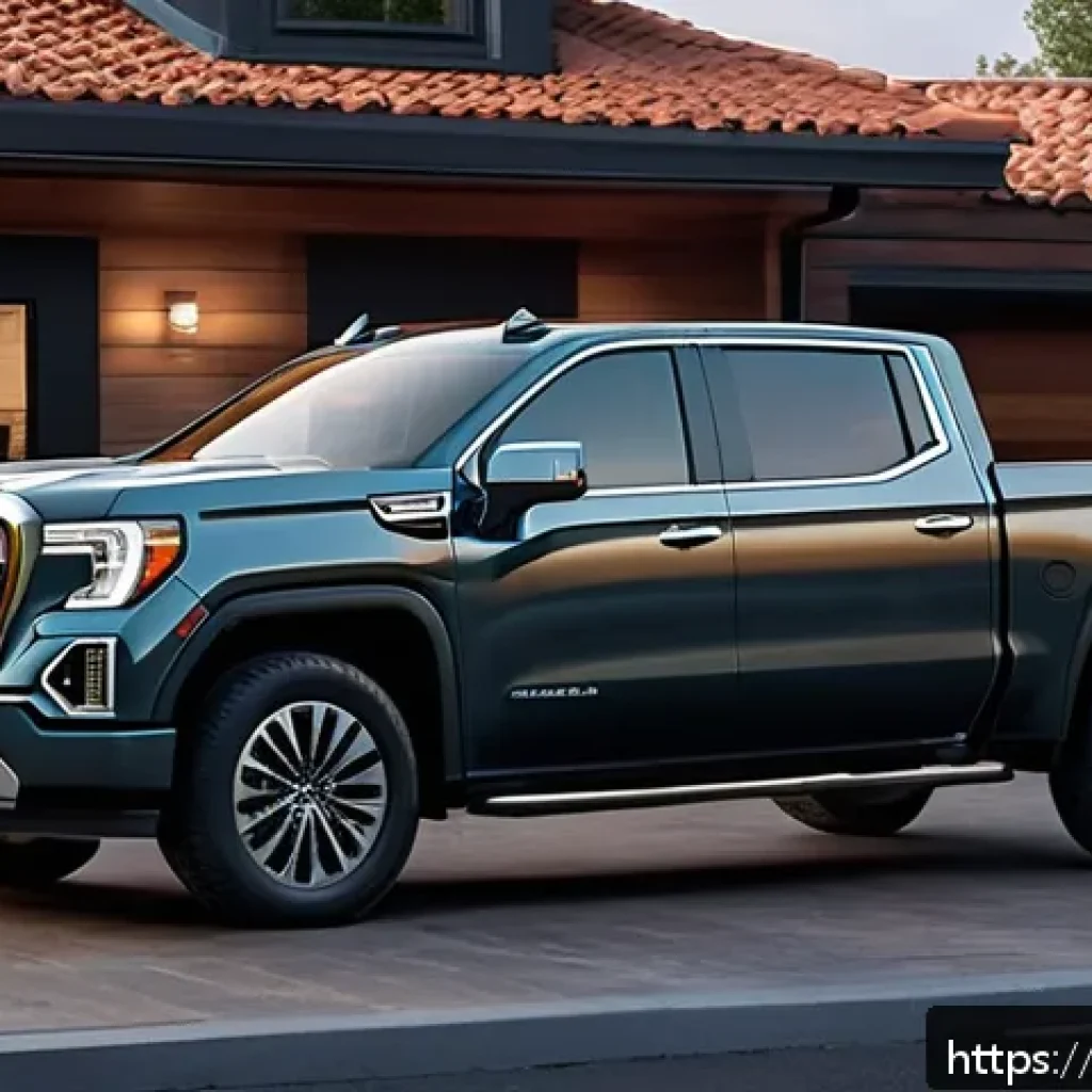 지엠 GMC 시에라 EV의 충전 시간 - A sleek GMC Sierra EV electric pickup truck parked at a modern home garage charging station with a 7...