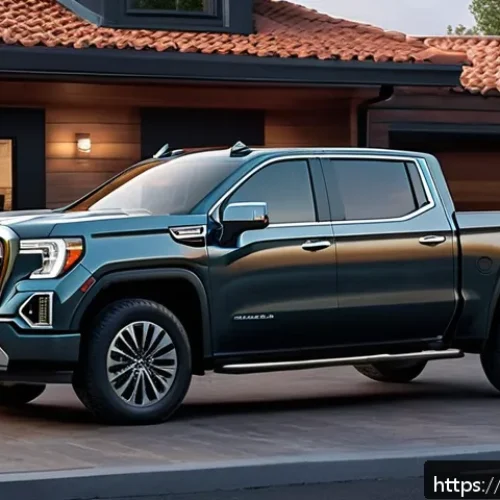 Home 31 지엠 GMC 시에라 EV의 충전 시간 - A sleek GMC Sierra EV electric pickup truck parked at a modern home garage charging station with a 7...