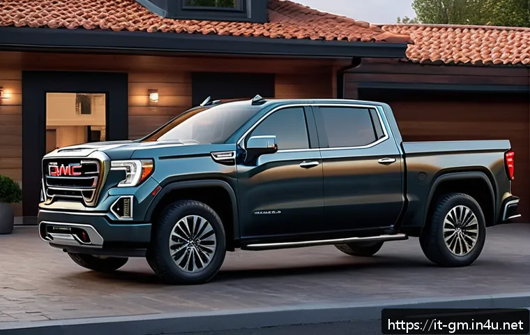 지엠 GMC 시에라 EV의 충전 시간 - A sleek GMC Sierra EV electric pickup truck parked at a modern home garage charging station with a 7...