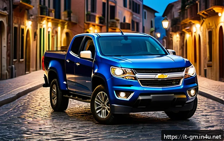 지엠 쉐보레 콜로라도와 닛산 프론티어 비교 - A dynamic urban scene showcasing a Chevrolet Colorado pickup truck parked on a narrow Italian cobble...