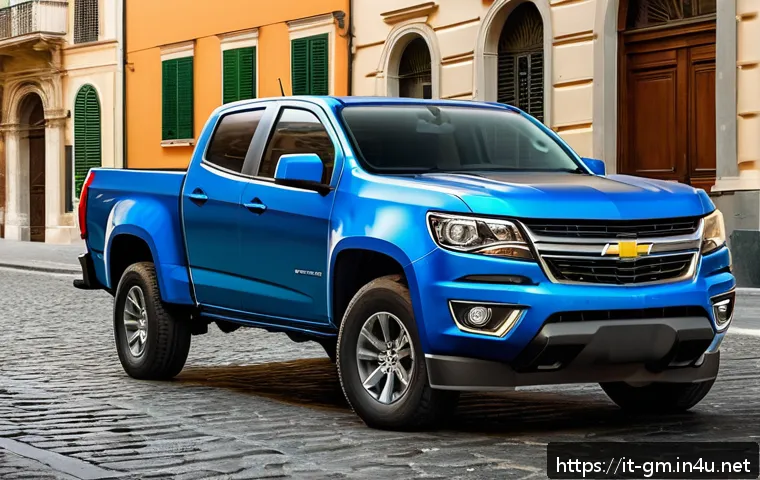 지엠 쉐보레 콜로라도와 포드 레인저 비교 - A sleek and modern Chevrolet Colorado pickup truck parked on a sunny urban street in Italy, showcasi...