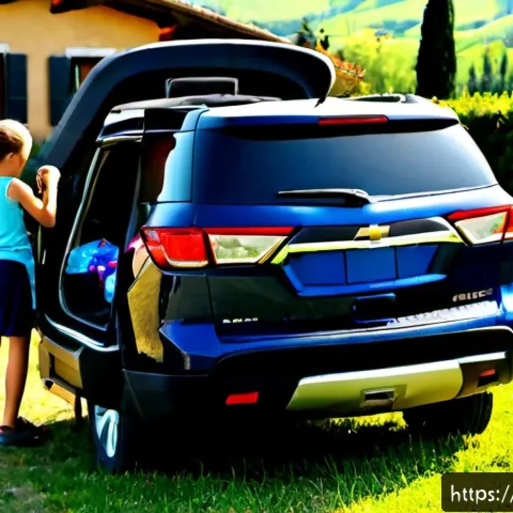 지엠 쉐보레 트래버스의 가족용 SUV 적합성 - Photorealistic family lifestyle scene in northern Italy, a spacious dark blue Chevrolet Traverse-sty...