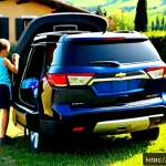 지엠 쉐보레 트래버스의 가족용 SUV 적합성 - Photorealistic family lifestyle scene in northern Italy, a spacious dark blue Chevrolet Traverse-sty...