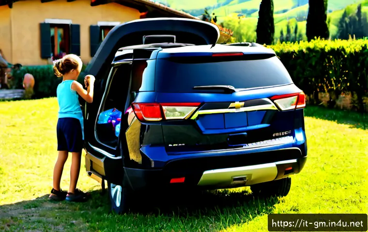 지엠 쉐보레 트래버스의 가족용 SUV 적합성 - Photorealistic family lifestyle scene in northern Italy, a spacious dark blue Chevrolet Traverse-sty...