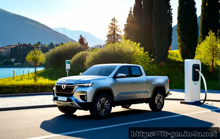 지엠 쉐보레 실버라도 EV 출시 소식 - Photorealistic electric full-size pickup truck with a sleek modern silhouette parked at an Italian p...